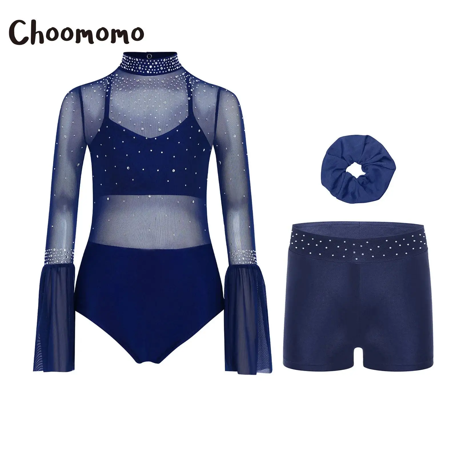 

Ballet Gymnastics Sets Figure Skating Dancewear Outfit for Kids Girls Lyrical Dance Leotard with Shorts Headwear Flare Sleeve