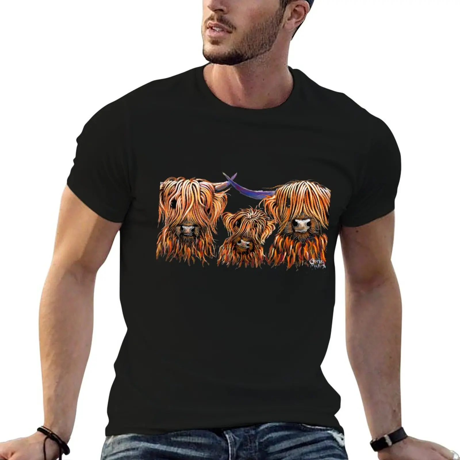 

Scottish Highland Cows PRiNT 'The Tangerines 2' by Shirley MacArthur T-Shirt man t shirt designer T-Shirt
