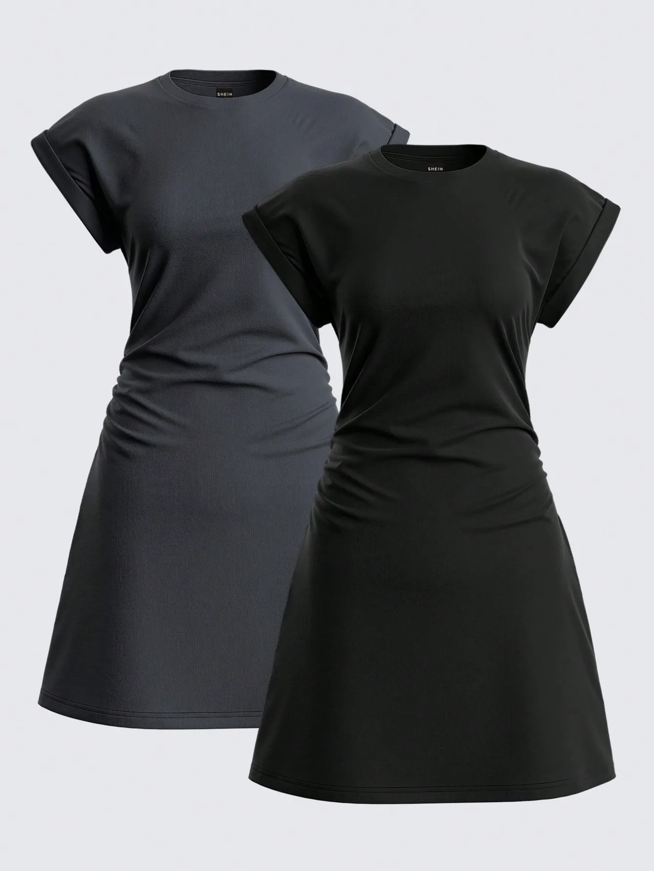 

Комплект из 2 женских однотонных трикотажных мини-платьев с круглым вырезом и короткими рукавами