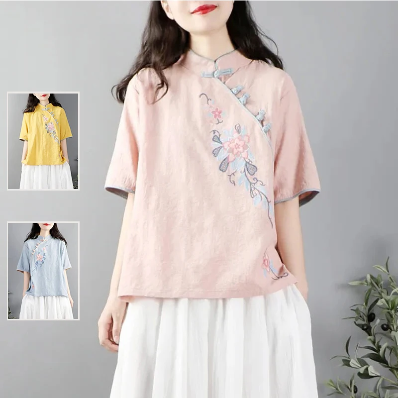 

Элегантная вышитая хлопково-льняная рубашка в китайском стиле, женская повседневная рубашка большого размера с воротником-стойкой, свободного кроя, с коротким рукавом, летний топ