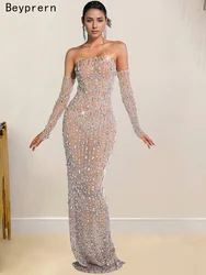 Beyprern Beautiful Rhinestone Sheer Mesh Maxi Dress With Gloves Glam See-Through Diamonds Long One-Piece Dress Birthday Outfits