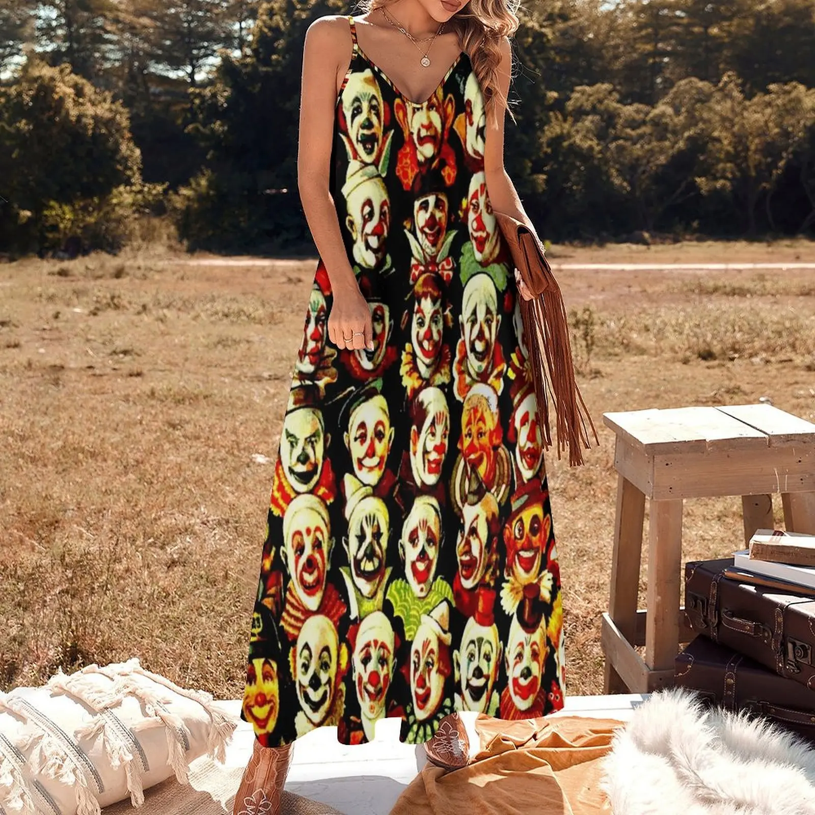 CLOWNS CONFERENCE Vintage Circus Poster Print Sleeveless Long Dress women clothing 2025 new arrivals Dress vintage Dress