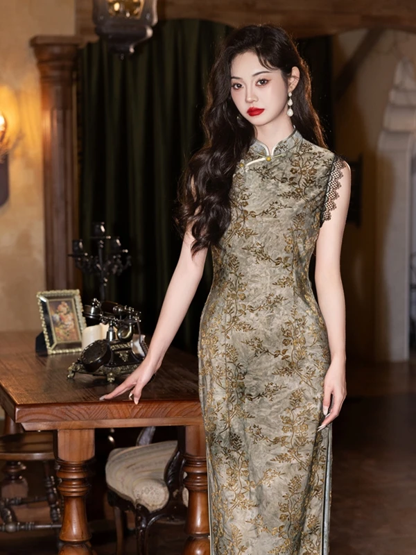 

Ele Long Svel Qipao Dr Women's Daily Wear Lightweight Floral Print Office Appropriate Wrap Waist Design