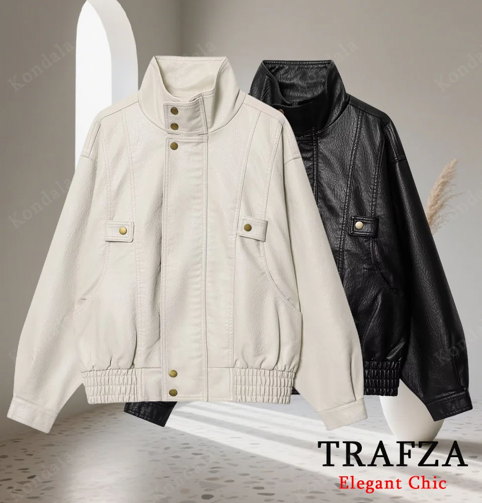 

TRAFZA Autumn Women PU Leather Jacket Standing Collar Zipper Jacket Coat 2025 Fall Winter Fashion High Street Lady Casual Jacket