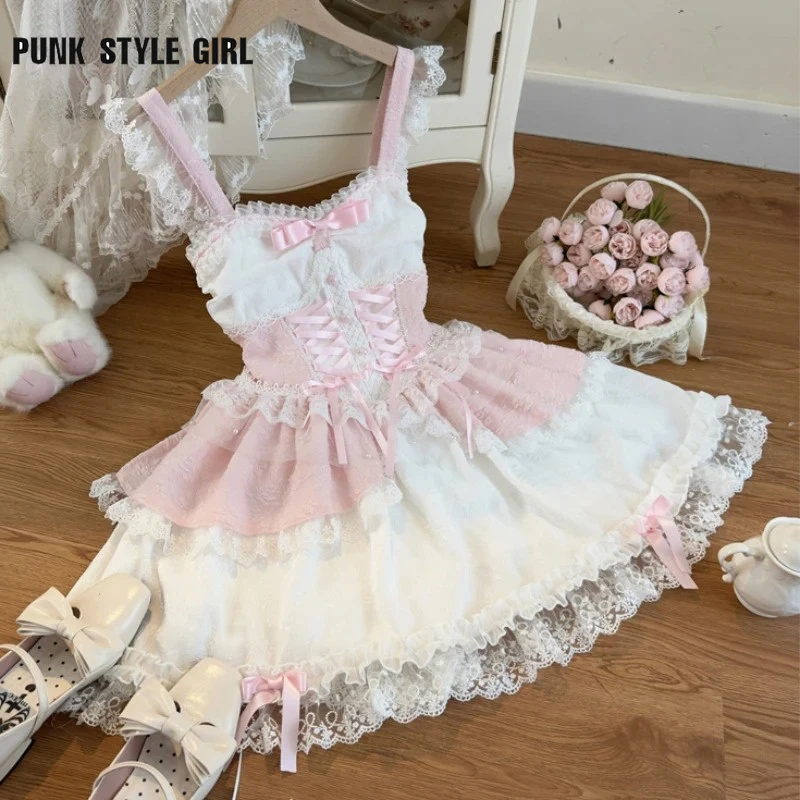 Mädchen süße y2k Prinzessin Mini kleid Frauen Harajuku japanische kawaii lolita jsk Kleid niedlichen Spitze Bogen Abend party Rüschen Kleider