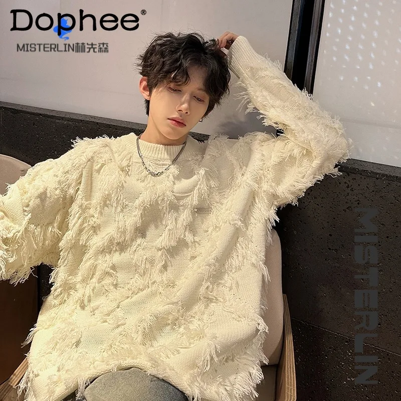 

American Street Fashion Trend Tassel Sweater Autumn Winter Thickened Gentle Coat Design Sense Loose Casual Knitted Top for Men