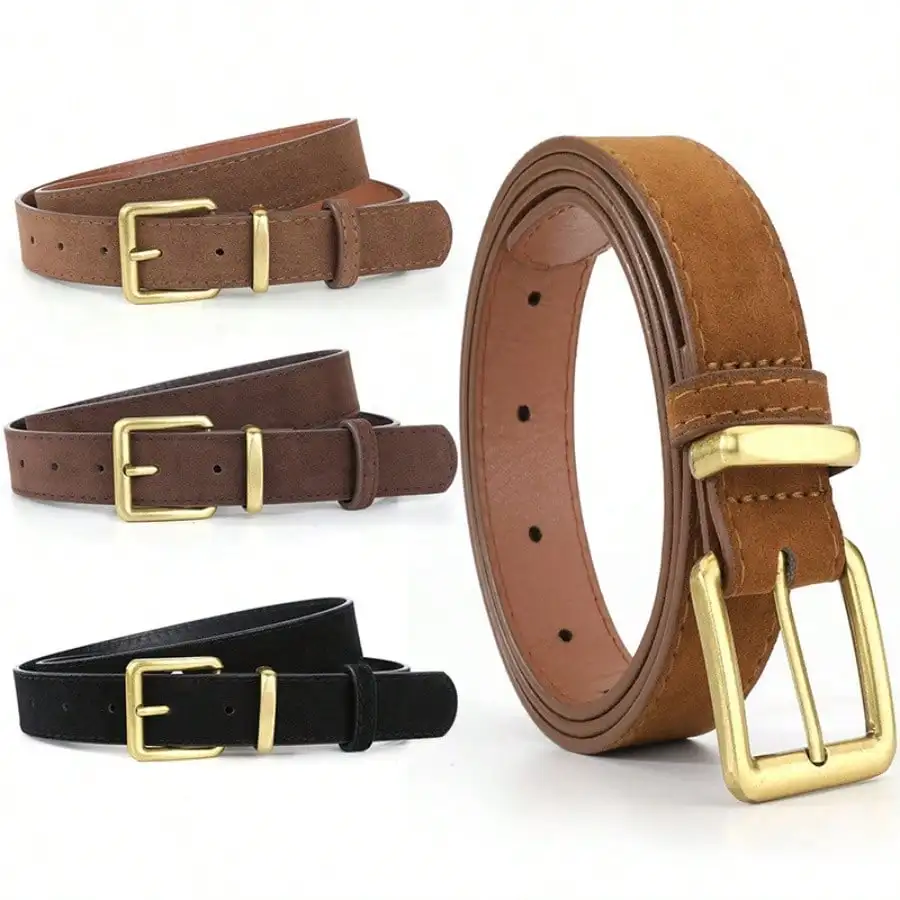 Retro-style suede leather belt with simple button closure design. Women's formal suit accessory.