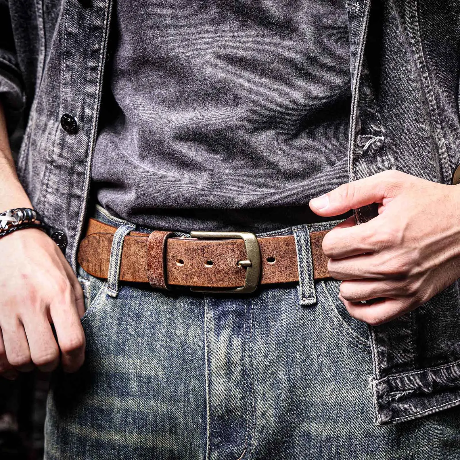 Vintage-Herrengürtel aus echtem Leder mit massiver Messingschnalle, lässiger Dornschließe-Gürtel mit Geschenkbox, verdicktes italienisches Rindsleder – Detail 4