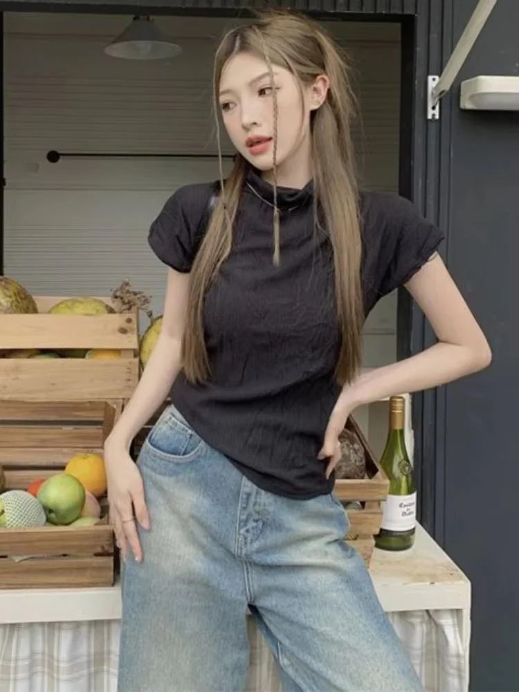 American Vintage T Shirts Solid Color Half High Collar Short Sleeve Pleated Design Tops All Match Slim Tees Y2k Women's Clothing