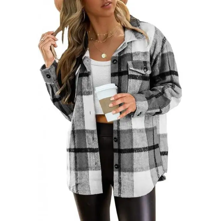 Casual Plaid Loose Long Sve irt Street Sle Polyester Fabric Button up Classic Straight Cut Women's Spring Faion