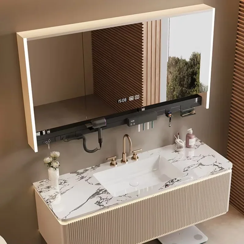 2024 New Wall Mounted Marble Bathroom Dresser with Light Emitting Diode Mirror Oak Dresser Smart Cabinet Milk White