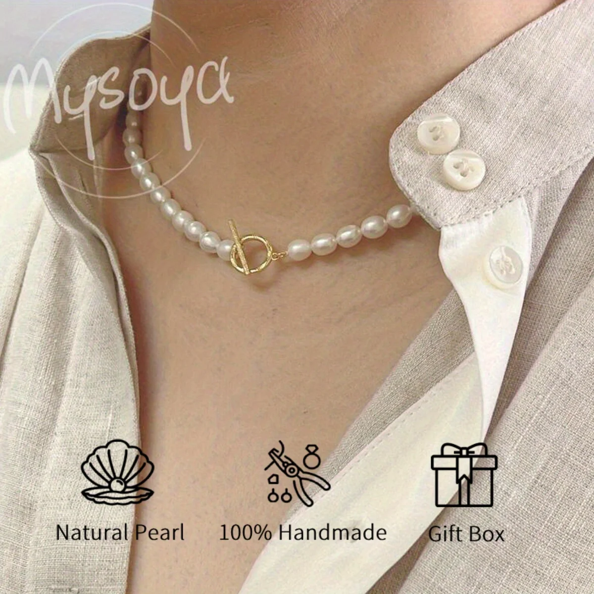 

MYSOYA 6-7mm White Rice Shape Freshwater Pearl Necklace Multiple Sizes With Gift Box Perfect Gift For Wedding Birthday New Year