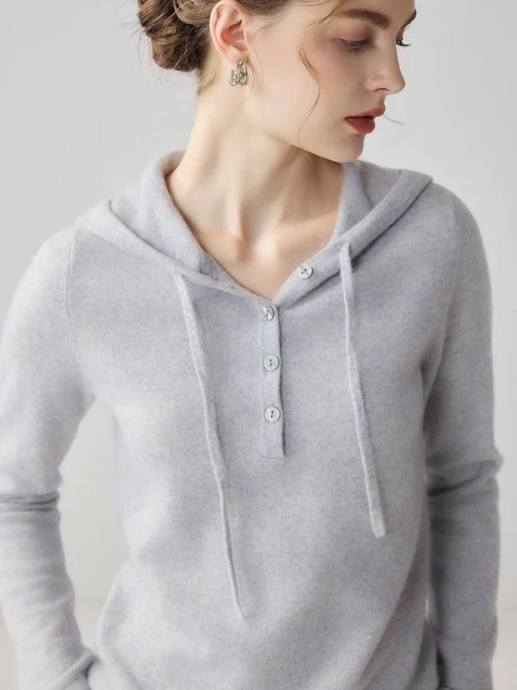 Women Multi-color Cashmere Hoodie 100%  Cashmere Sweater 12 Gauge Half Button Pullover Casual Female Layering Knit Tops New