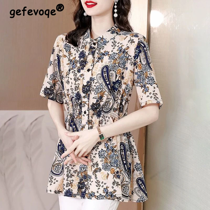 

2024 Summer Women Korean Fashion Print Short Sleeve Shirts Elegant Stand Collar Slim Blouse Casual Tunic Tops Blusas Para Mujer