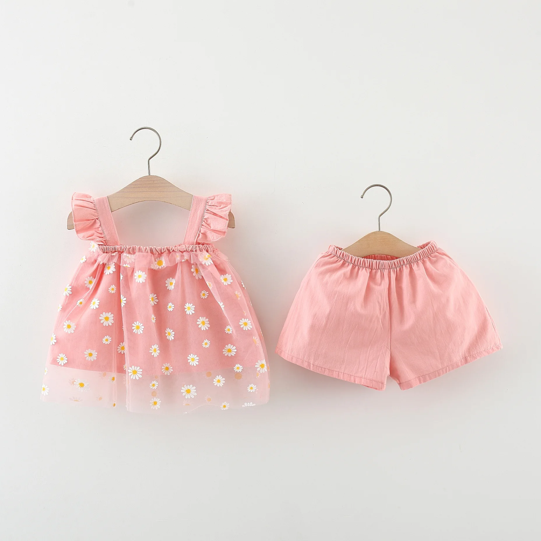 (0-3 Years Old) Summer Baby Girl Cotton Mesh Daisy Top And Shorts Set, Cute Beach Two-Piece Set For Girls