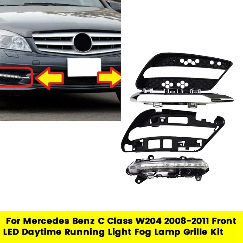 For Mercedes Benz C Class W204 2008-2011 Front LED Daytime Running Light Fog Lamp Grille Kit