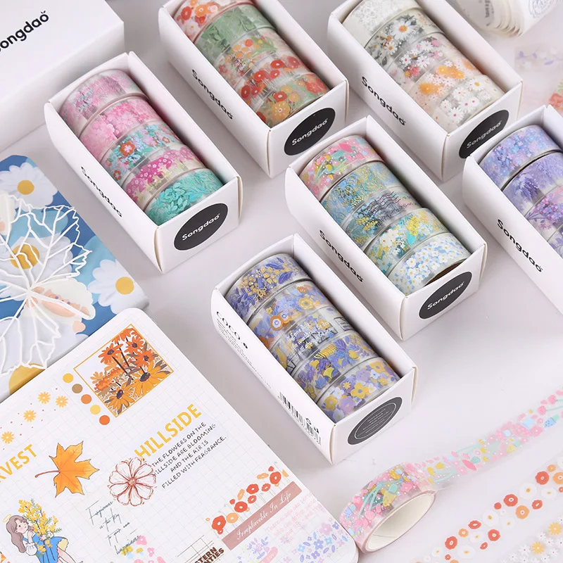 

5Rolls Flower Language Pet Tape Transparent Flower Daisy Cherry Blossom Cute Hand Account Tape Water Cup Waterproof Tape Spot