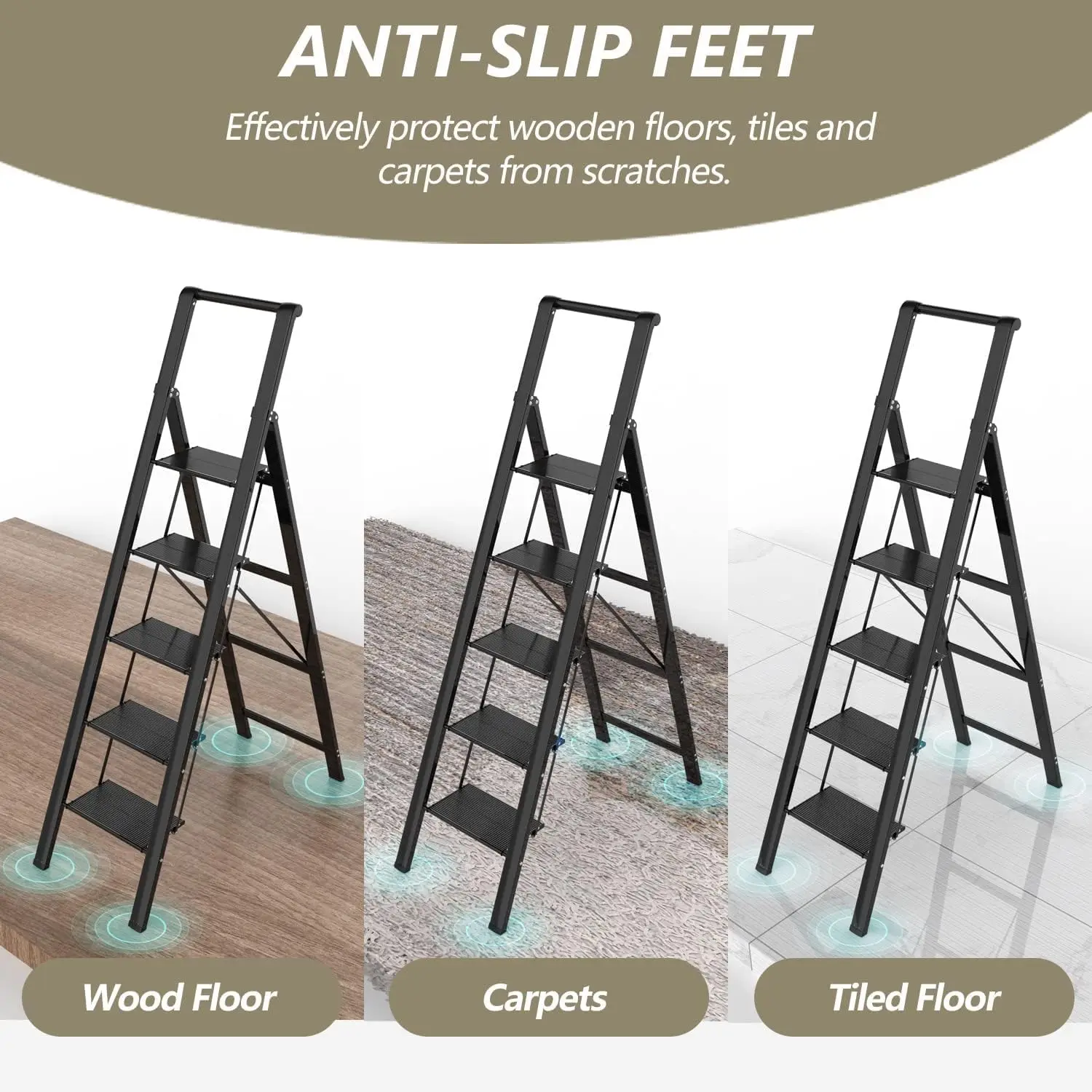 Escada preta dobrável leve com antiderrapante largo resistente Step Stool, 5 Step, 10 pés de teto alto