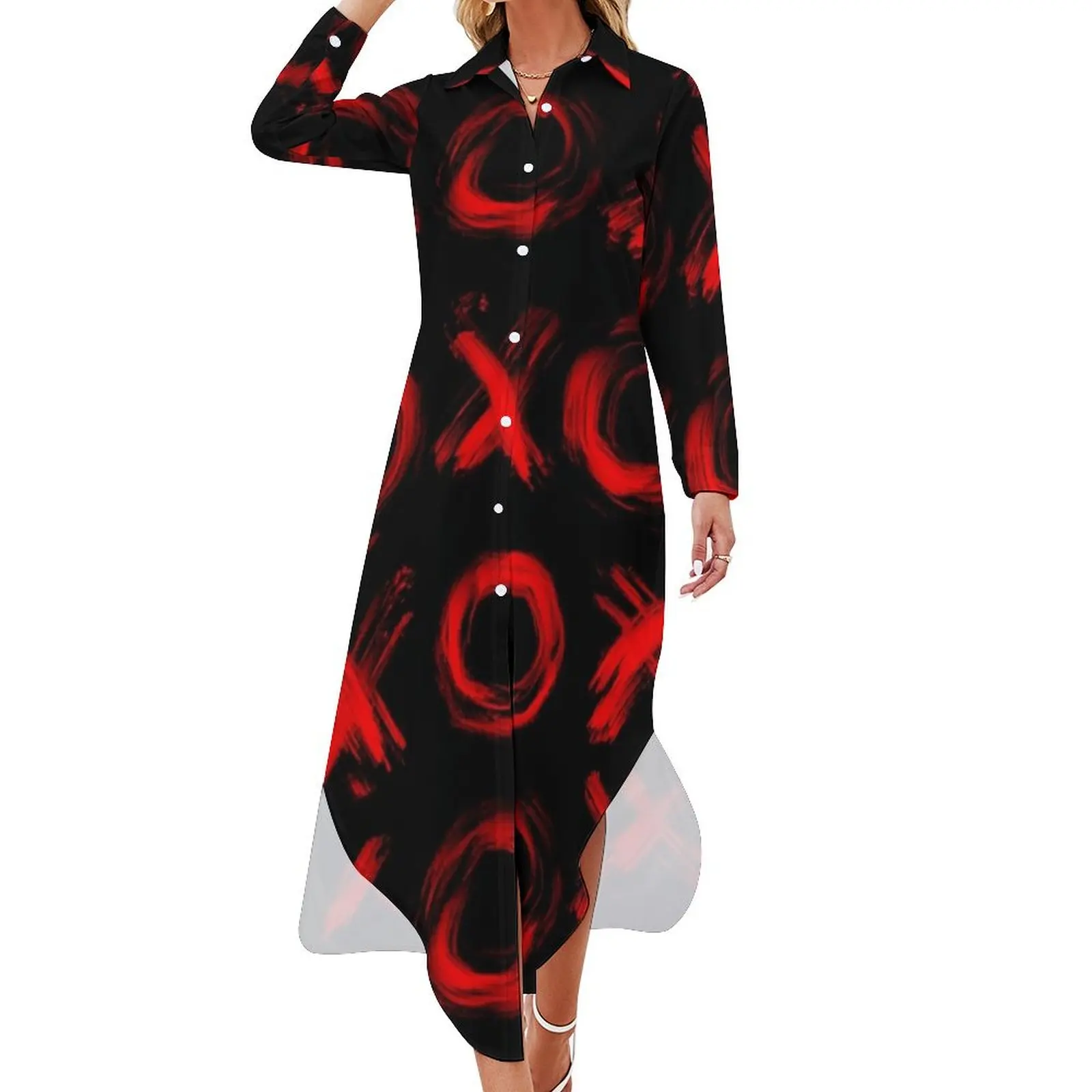 

Valentine red grunge pattern, red xox, love, hugs, kisses re valentine graffiti Long Sleeved Shirt Dress