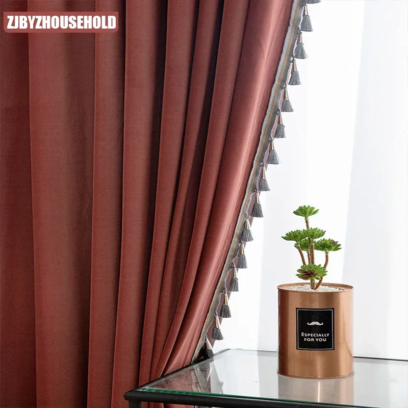 Retro Red Velvet Luxury Curtains for Living Room Bedroom Window Short Modern Drapes with Tassel Solid Color Custom Size