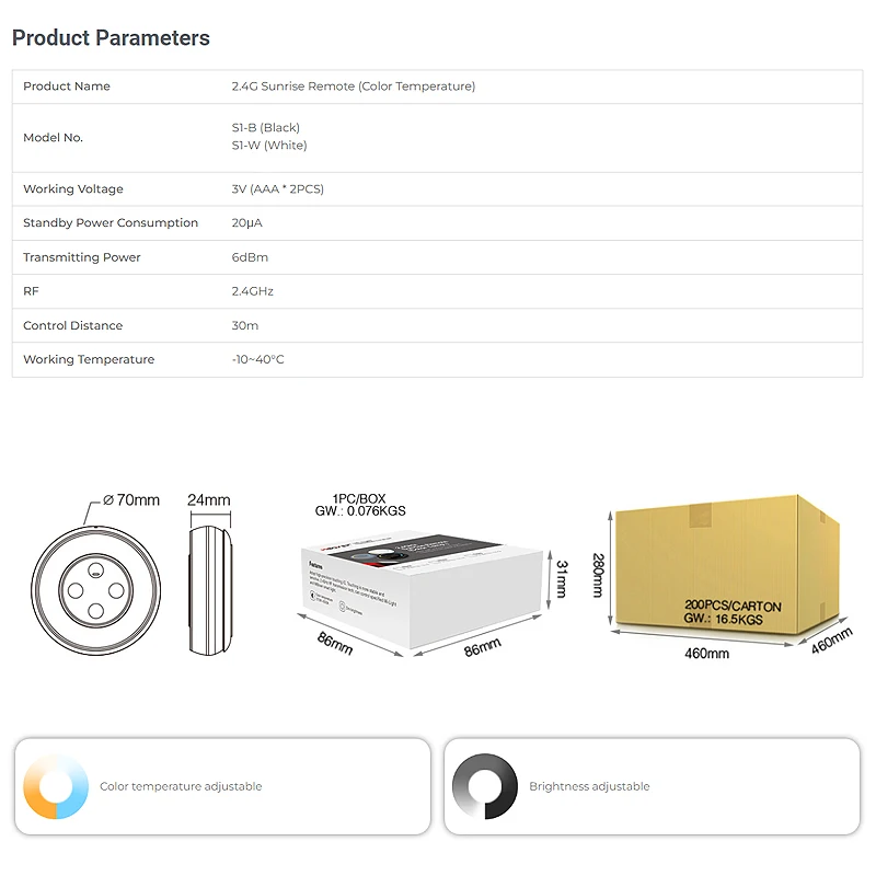 Miboxer S1-B S1-W 2.4GHZ Sunrise Remote Rainbow Remote do temperatury barwowej CCT Podwójny biały kontroler/sterownik LED światła