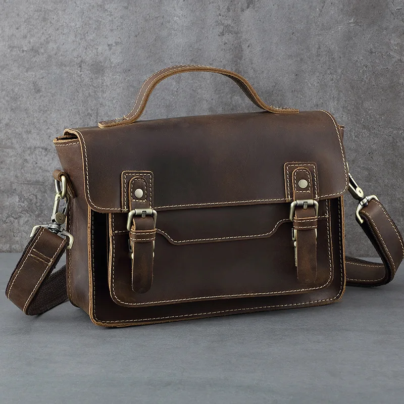 Men's Vintage Crazy Horse Leather Messenger Bag - Top-Grain Cowhide Crossbody Shoulder Bag, Retro Euro-American Style Square Bri