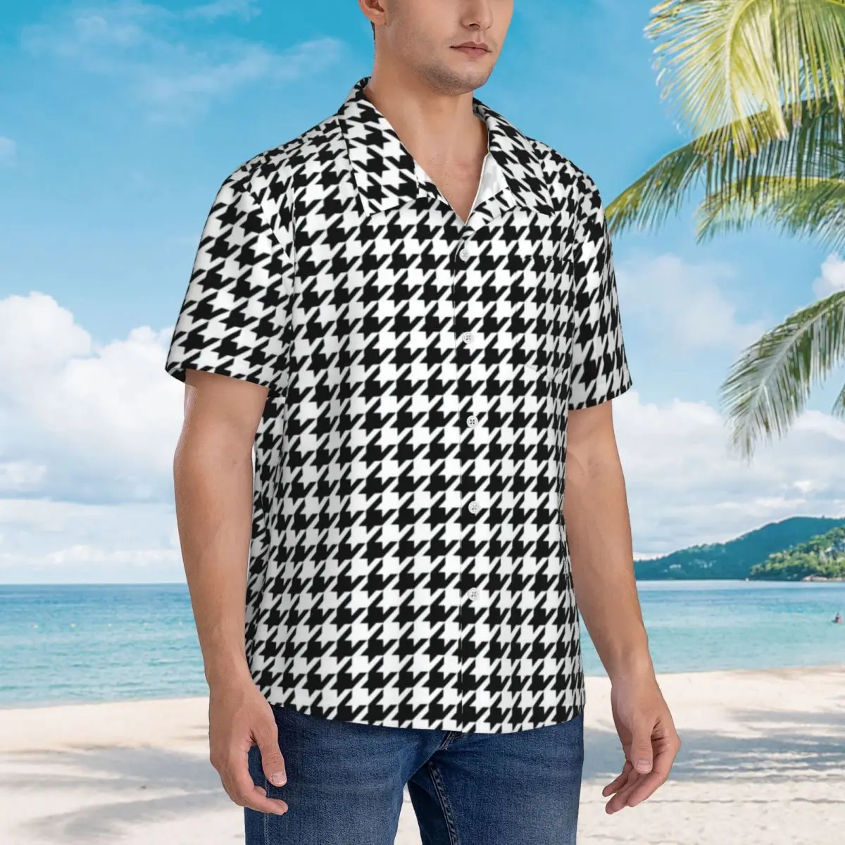 레트로 Houndstooth 휴가 셔츠 남성 추상 체크 무늬 캐주얼 셔츠 하와이 반팔 맞춤형 우아한 특대 블라우스 선물