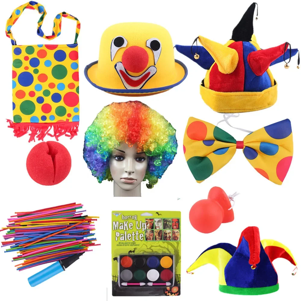 Clown Dress Up Props  Hat Tie Headwear Nose Mask Shoes Kids Adults Masquerade Christmas Halloween Costume Cosplay