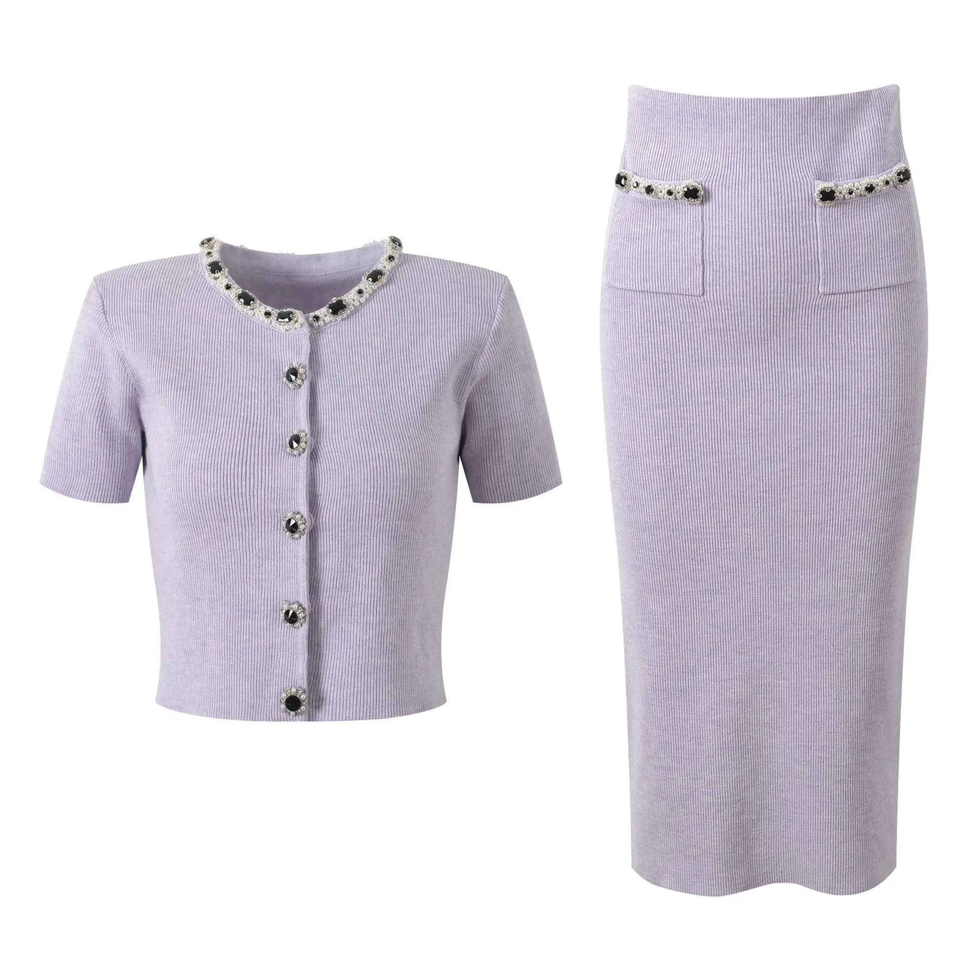 

2025 Spring Women's Coordinated Set: Diamond Decor Short Sleeve Cardigan and High-Waist Midi Skirt Suit Single-Breasted Slim Fit