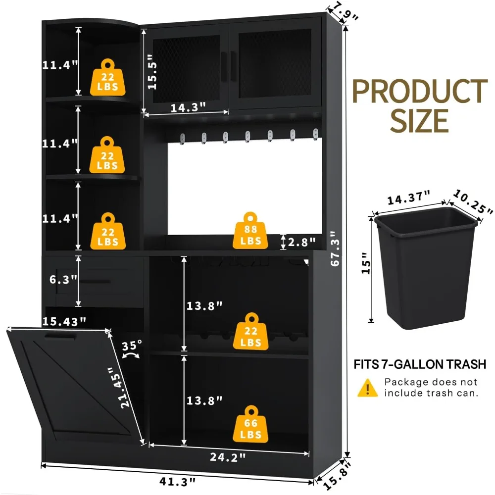 67.3" Tall Modern Black Kitchen Pantry Storage Cabinet with Drawer and Shelves, Tilt Out Trash Can, Coffee Bar Wine Cabinet with
