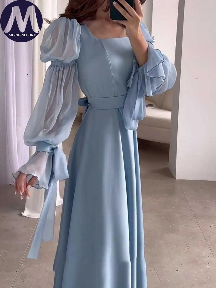 Women\'s Puff Sleeve Square Neck Dress, Elegant Evening Dresses, Slim Fit, Fashionable, Spring, Summer, New, 2024