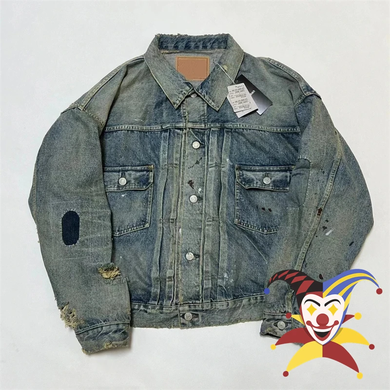 Washed SAINT DAMAGE Denim Work Jacket Jeans Men Women Best Quality Make Old Blue Heavy Fabric Coat