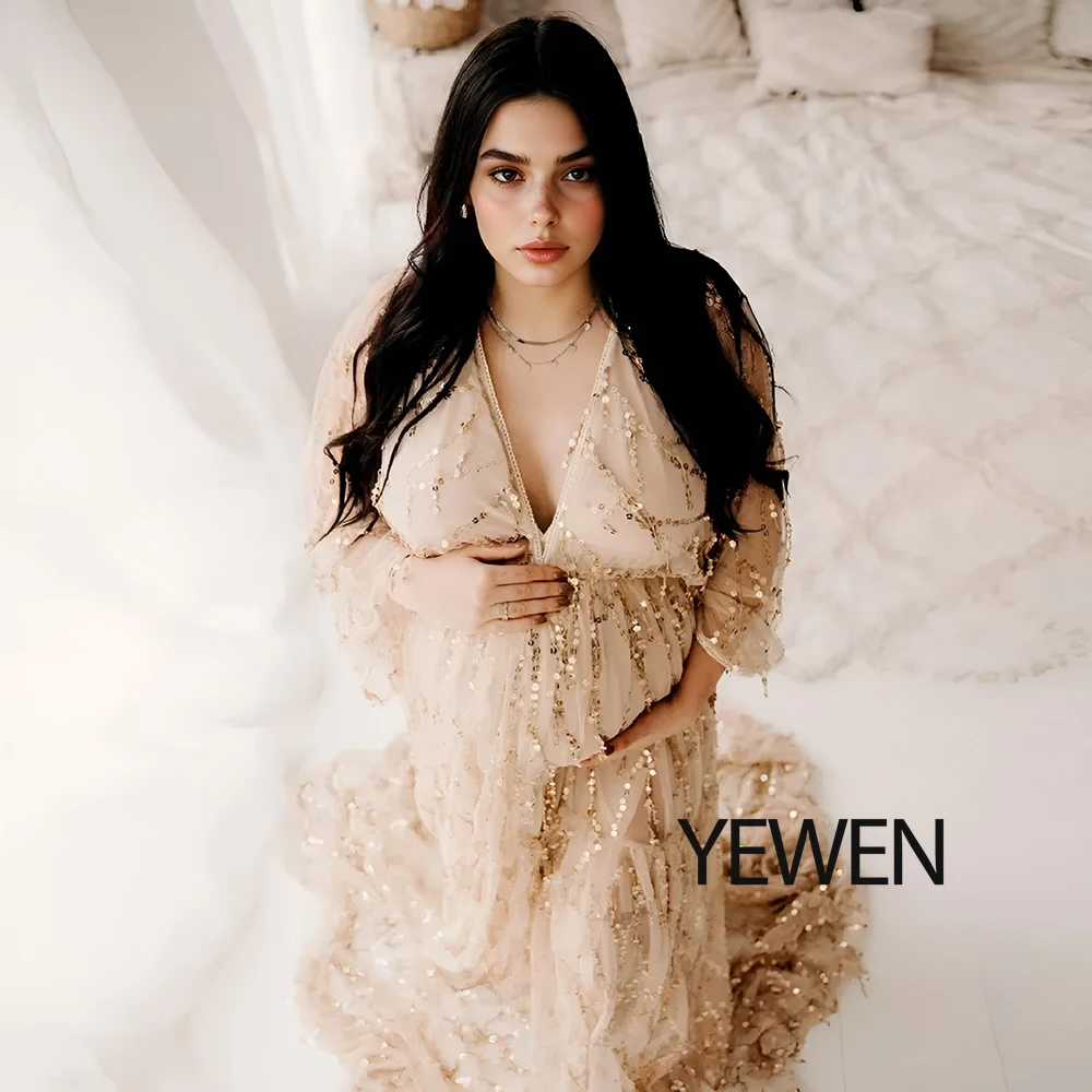 Sparkle Sequin V Neck Maternity Photoshoot Dress High Waist Gown Baby Shower Dress for Photography Long Maxi Pregnancy Dress
