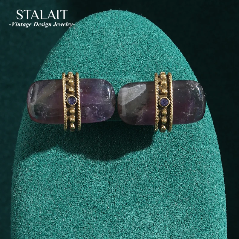 

Vintage Purple Natural Stone Studs Earrings For Woman Crystal Jade Strip Rhinestones Quality Luxury Designer Jewelry Gold Color