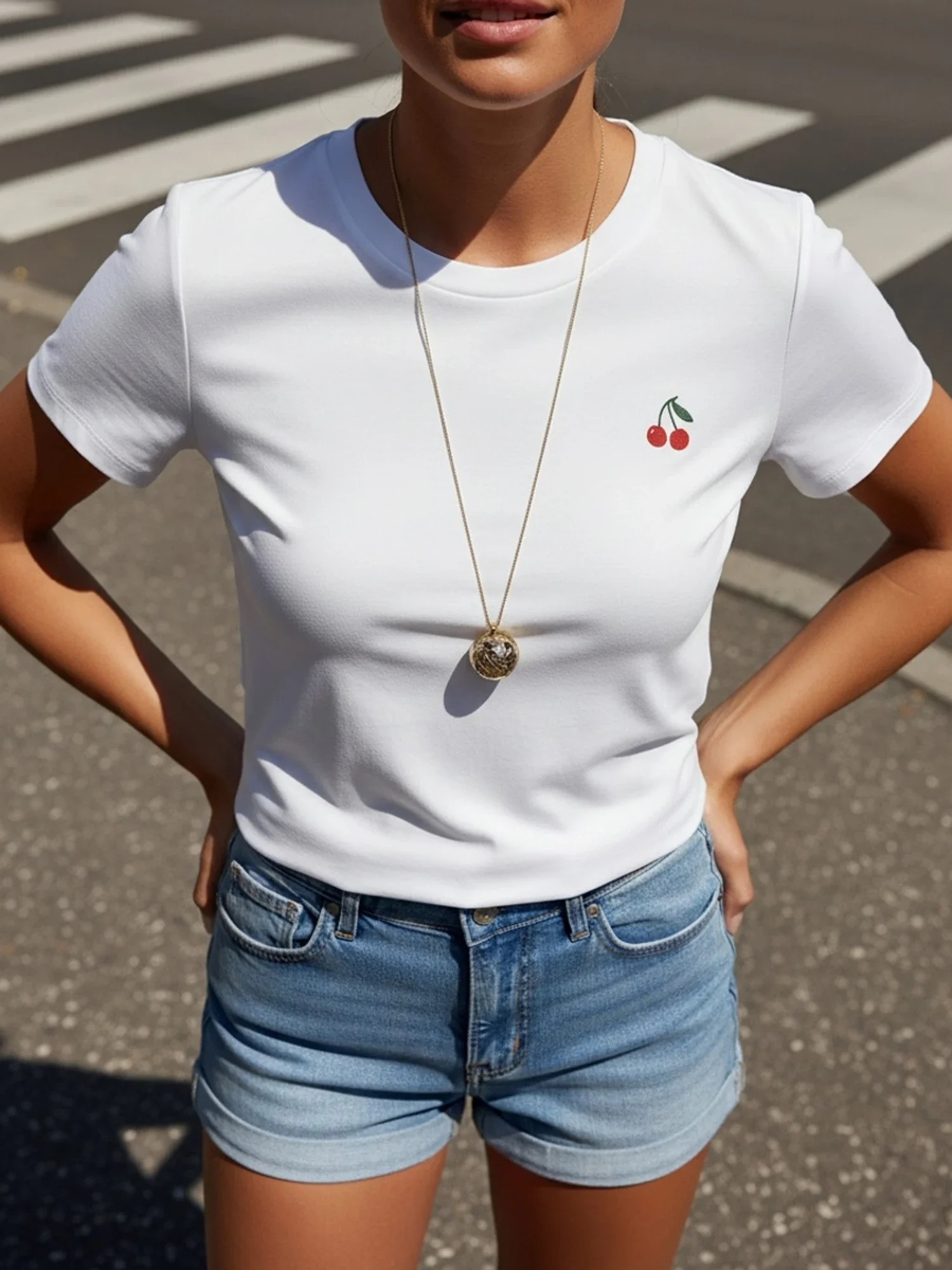 Fresh Cherry Print White Short Sleeved T-shirt for Summer Slimming, Artistic and Personalized Daily Casual Top