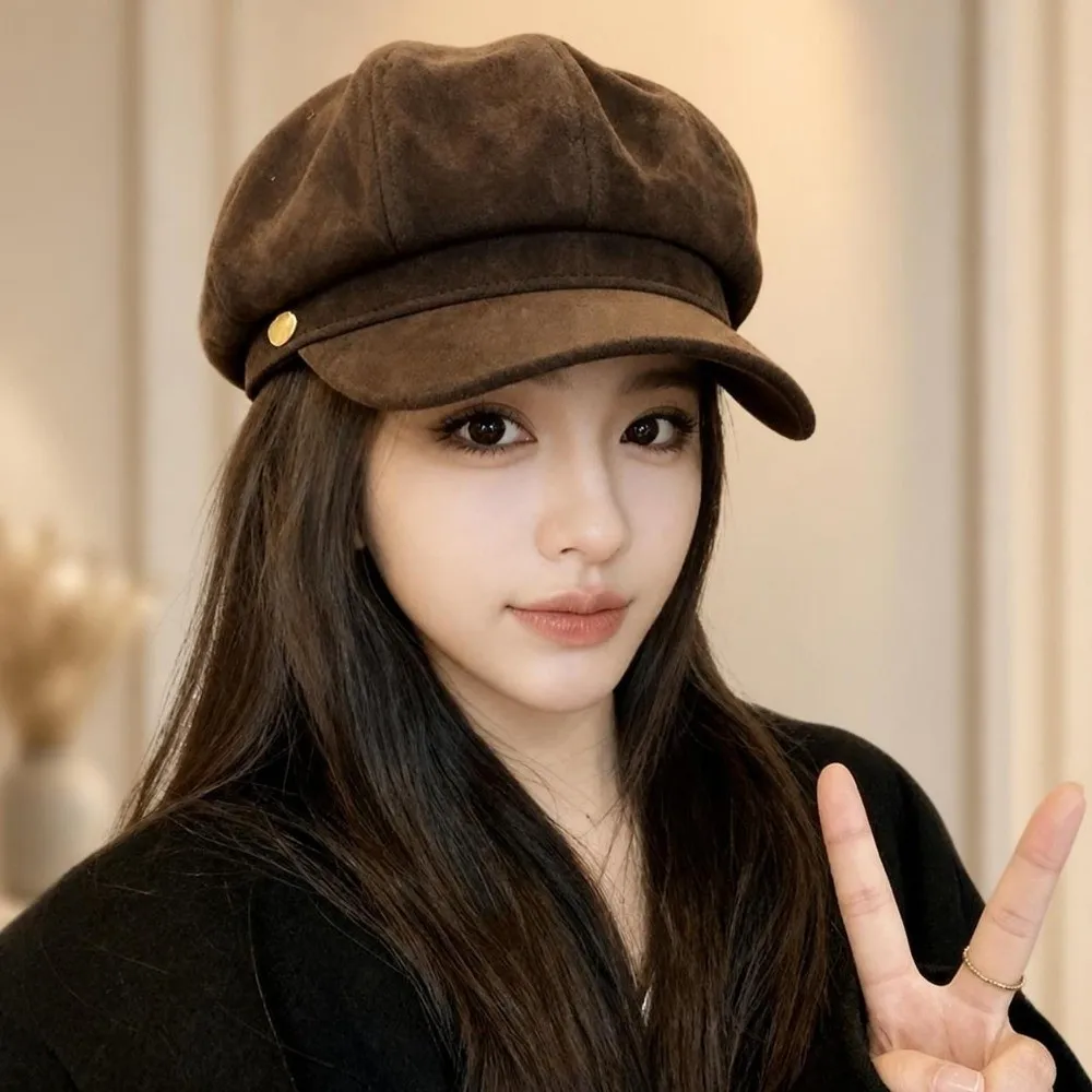 Octagonal Newsboy Cap Leather Belt Decor British Style Octagonal Beret Hat Short Brim Adjustable Strap Suede Cap Autumn Winter