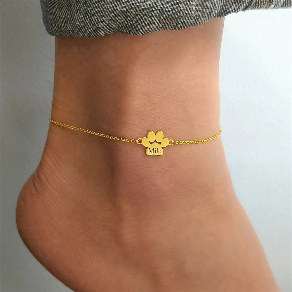 Customized Anklet Dog Paw Charm Stainless Steel Ankle Chain Dog Paw Bracelet Cat Paw Print Personalized Pet Memorial Gifts