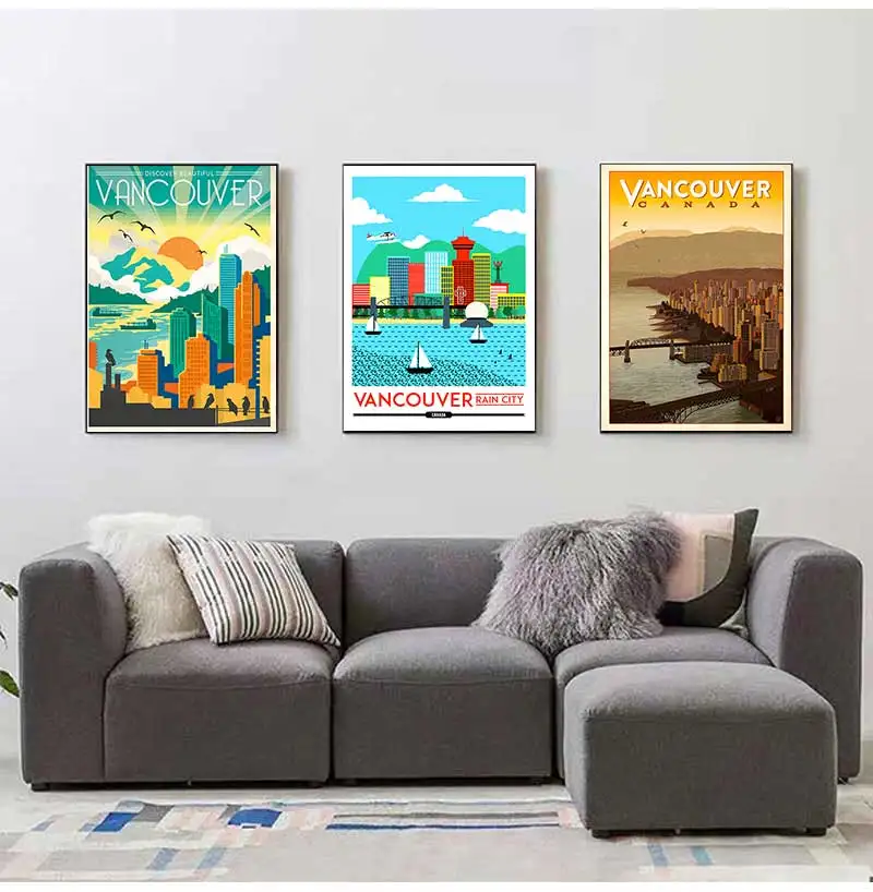 Vintage Retro Travel Classic Canvas Paintings Kraft Posters Wall Stickers Home Decor Family Gift Rain City Canada Vancouver Map