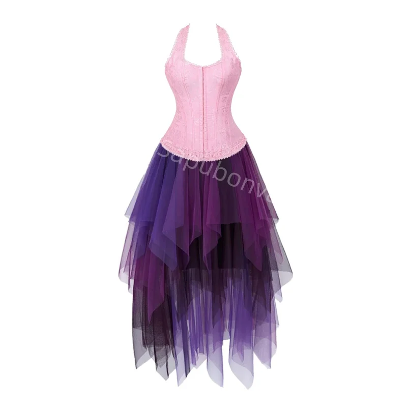 

Corset Dress Long Skirt Set Lace Bustier Lingerie Costume Party Sexy Halter Ladies Outfit Plus Size Gothic Halloween Pink