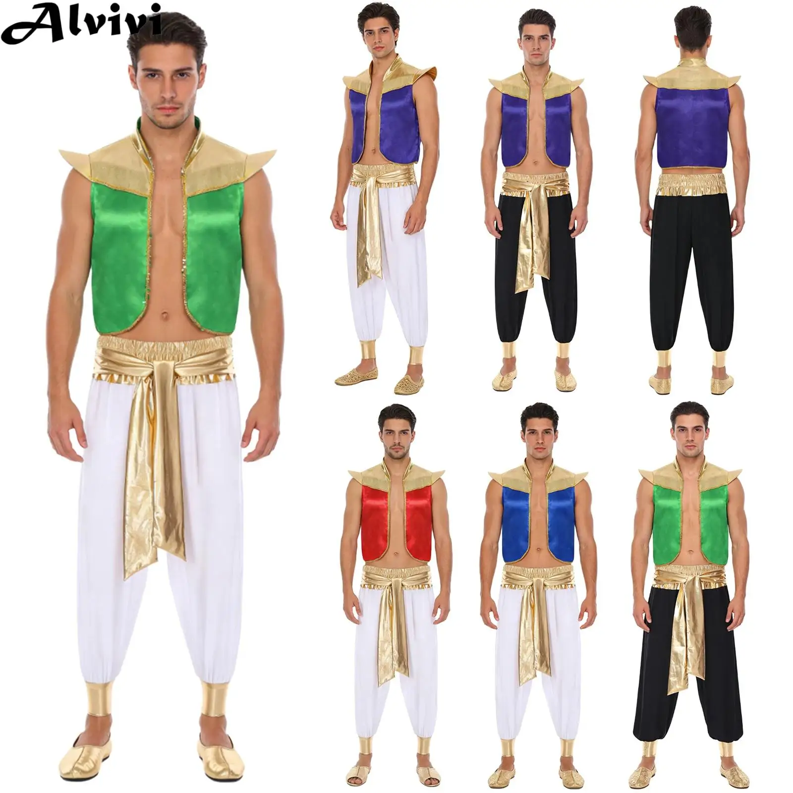 Men Arab Prince Costume Open Front Satin Vest with Pants Halloween Carnival Party Arabian Magical Lamp Character Cosplay Outfit