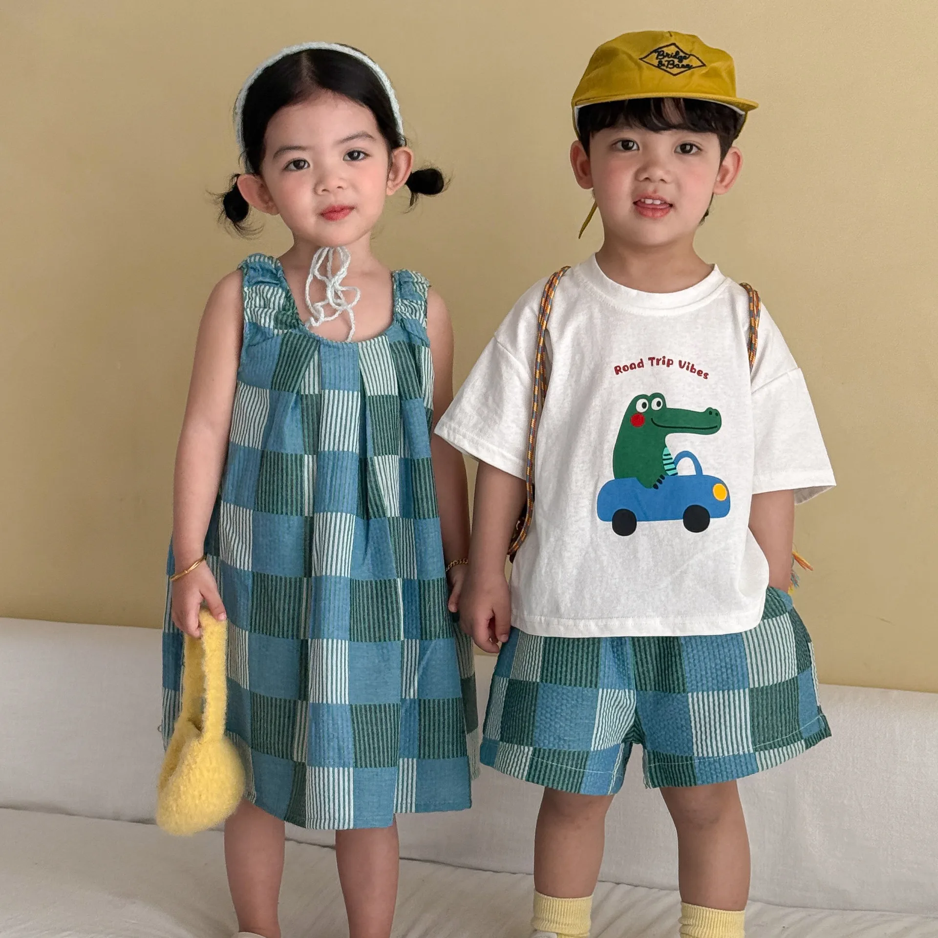 

2026 Summer New Kids Boys Cartoon Print T Shirts + Plaid Shorts 2pcs Suit Girls Sleeveless Plaid Vest Dress Children Outfits