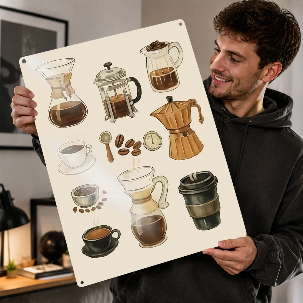 Coffee Brewing Methods Textured Metal Poster Watercolor Wall Art For Breakfast Nook Customized Aluminum Sign Barista Gift Idea
