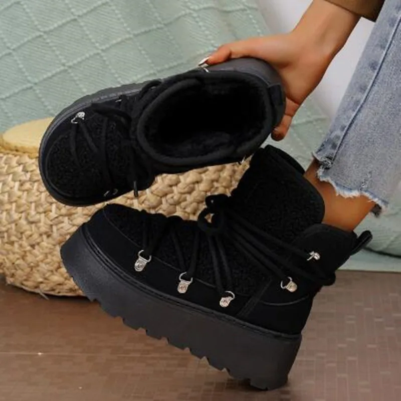 2025 ماركة الشتاء سميكة سوليد عبر التعادل الثلوج الأحذية سميكة منتصف طول الدافئة المرأة الدانتيل يصل تصميم لينة الدافئة أفخم حذاء من الجلد