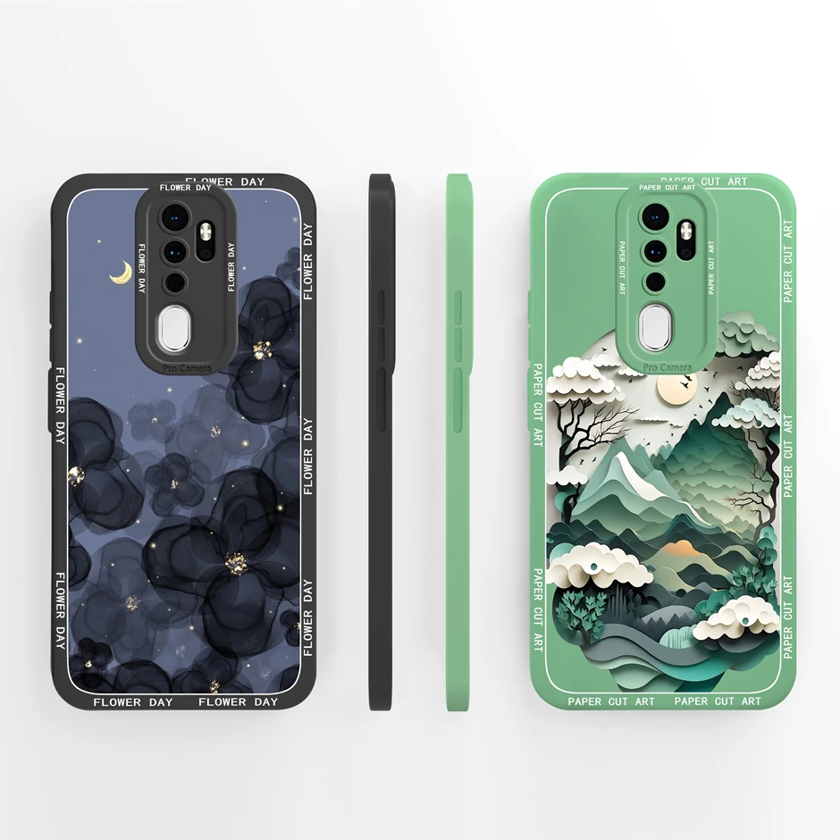 Desenhos animados Shell de silicone líquido para Oppo, pintura a óleo picos casos, Oppo A9, A5, 2020, novo design, Funda