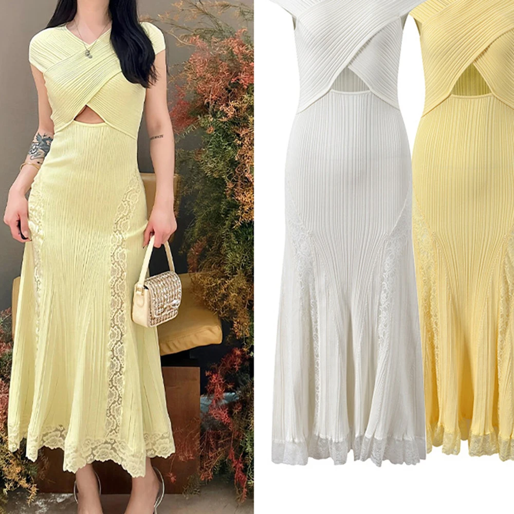 

2025 fashion design hollow ladies summer coat lace stitching solid knitted mermaid women's clothing-GZINS024