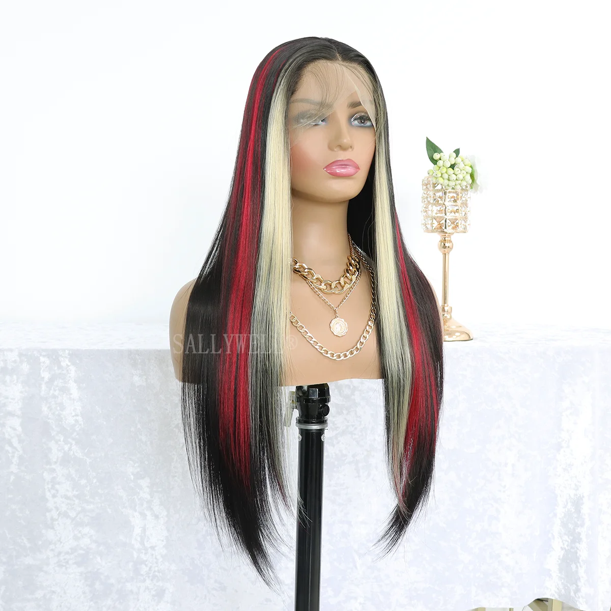 Highlight Black Red Yellow Straight Lace Front Wig Synthetic Hair for Women Glueless Lace Frontal Wig Pre Plucked Mixed ColorWig