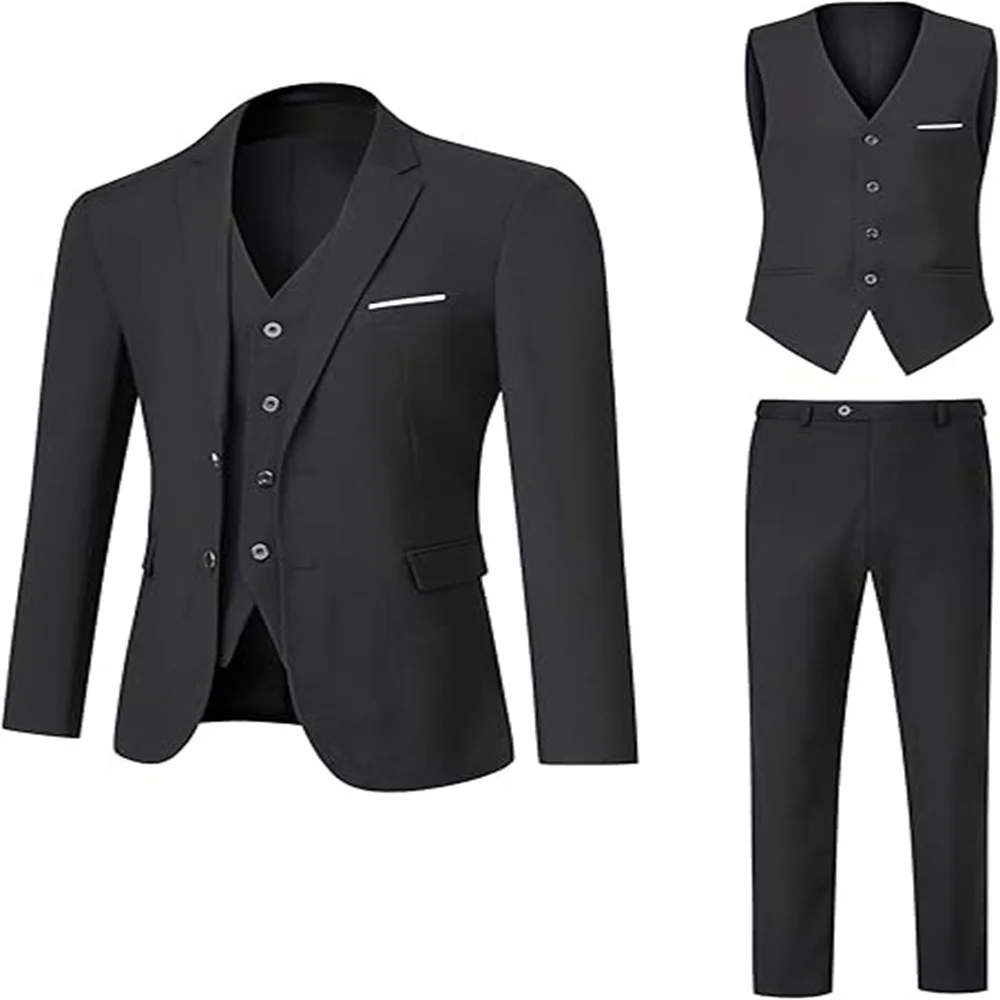 

Men's Suit 3 Piece Slim Fit Suit Set, Two Button Solid Jacket Vest Pants with Tie, Men Tuxedo Suit Set