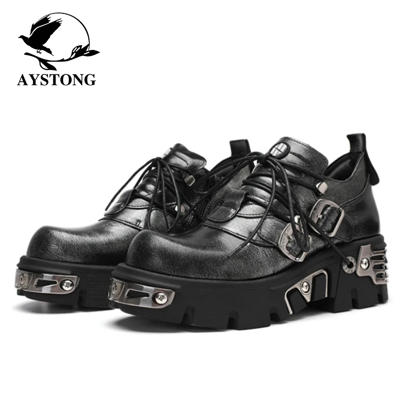 

Gothic Punk Thick Bottom Platform Loafers Fashionable Retro Dark Leather Low Cut Chunky Shoes British Style round Toe Daily Wear