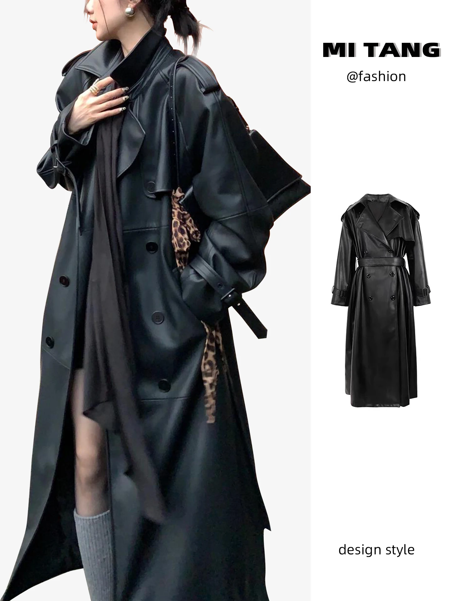 

Women's PU Leather Windbreaker Coat Belted Waist Midi Length Double Breasted Button up Office Sle Long Sve Autumn Winter