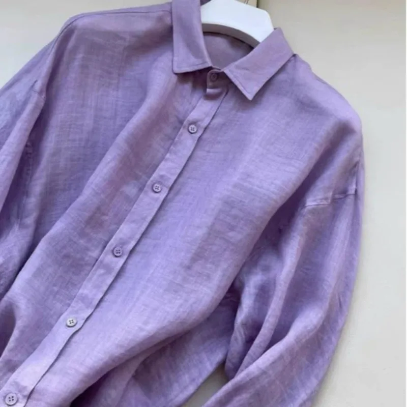 

Новинка 2023 года, весенние тонкие повседневные рубашки, женская мода, свободная фиолетовая женская блузка с длинным рукавом, дышащие женские солнцезащитные топы